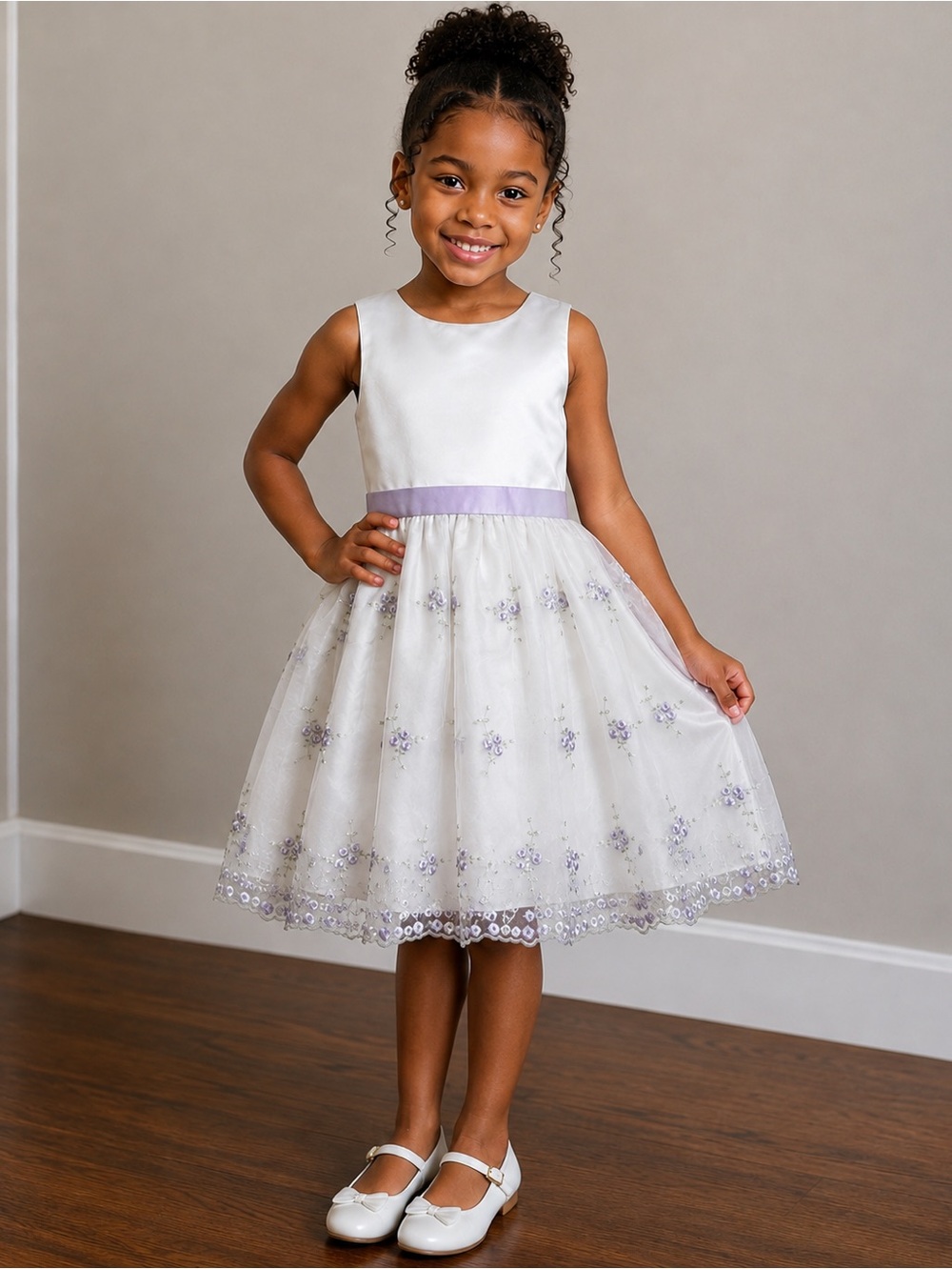 Cinderella White & Lavender Organza Floral Embroidered Girls' Dress 6